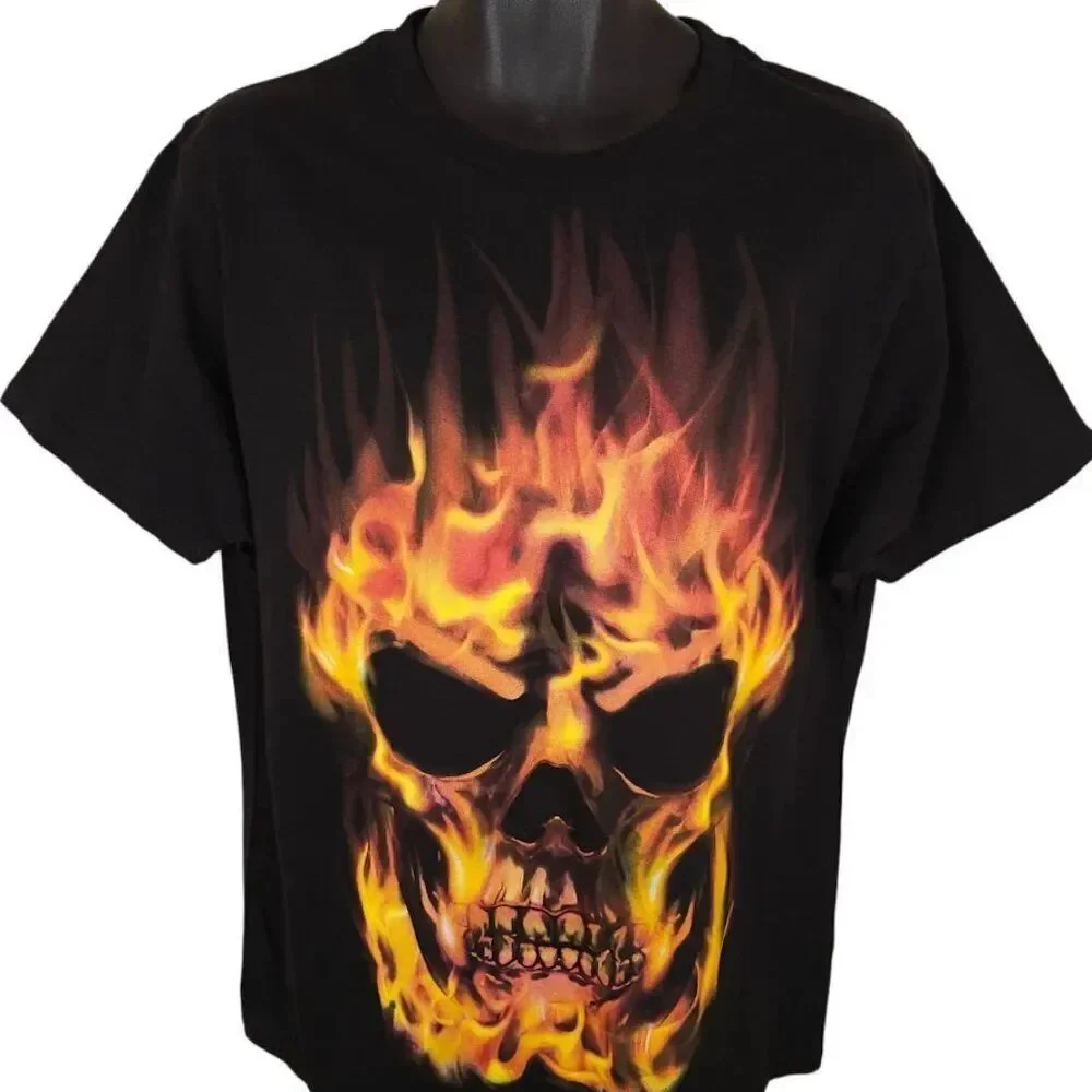 Flaming Skull T Shirt Mens Size Large Black Halloween Fire Skeleton